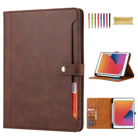 Flip Case for Apple iPad 10.2" 9th 8th 7th Generation 2021/2020/2019, Pencil Holder Smart Cover Auto Sleep Wake Protective Documents Pocket Stand Snap Closure Case for iPad 10.2 Inch, Coffee