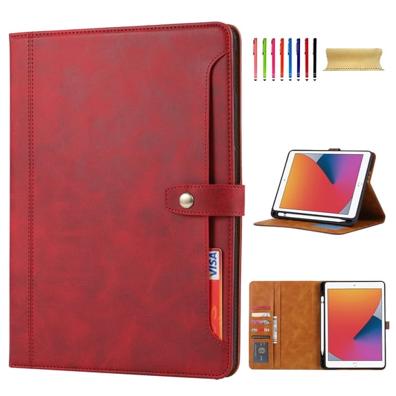 Flip Case for Apple iPad 10.2" 9th 8th 7th Generation 2021/2020/2019, Pencil Holder Smart Cover Auto Sleep Wake Protective Documents Pocket Stand Snap Closure Case for iPad 10.2 Inch, Red