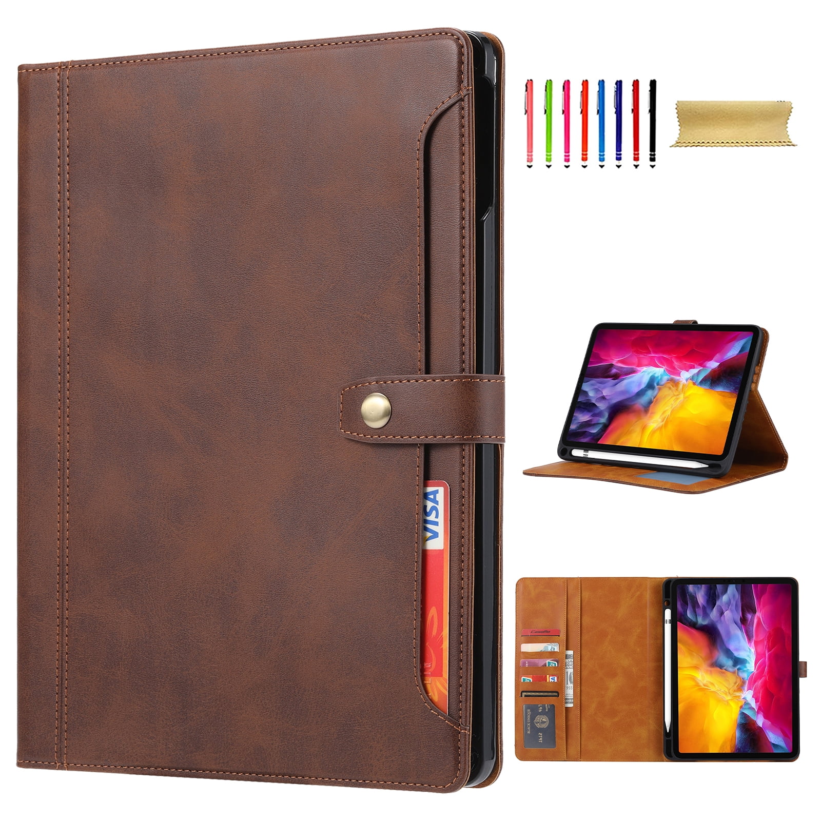 Flip Case for Apple iPad Air 11" 2025 2024/Pro 11 2022/2021/2020/2018/ iPad Air 5th 4th Gen 10.9", Pencil Holder Smart Cover Auto Sleep Wake Protective Documents Pocket Stand Snap Closure,Coffee