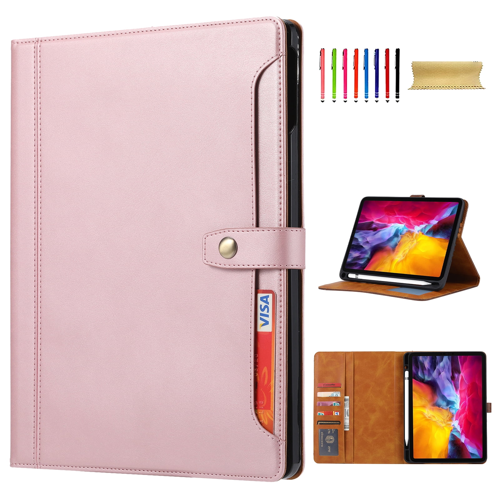 Flip Case for Apple iPad Air 11" 2025 2024/Pro 11 2022/2021/2020/2018/ iPad Air 5th 4th Gen 10.9", Pencil Holder Smart Cover Auto Sleep Wake Protective Documents Pocket Stand Snap Closure,Rosegold