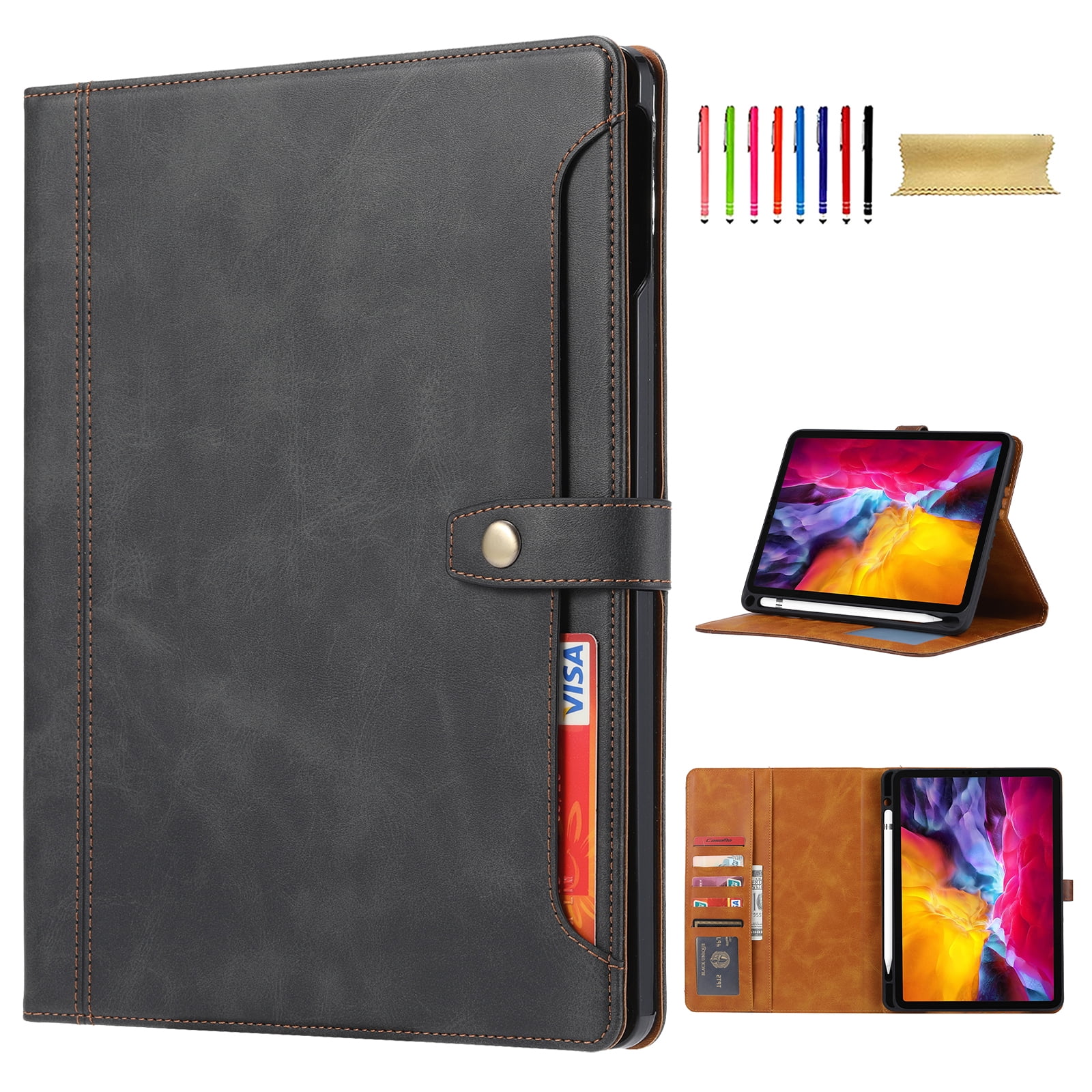 Flip Case for Apple iPad Air 11" 2025 2024/Pro 11 2022/2021/2020/2018/ iPad Air 5th 4th Gen 10.9", Pencil Holder Smart Cover Auto Sleep Wake Protective Documents Pocket Stand Snap Closure,Black