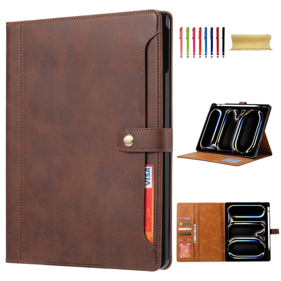 Flip Case for Apple iPad Pro 13 Inch 2024, with Pencil Holder Smart Cover Auto Sleep Wake Protective Cards Slots Documents Pocket Stand Snap Closure Case for iPad Pro 13 Inch M2, Coffee