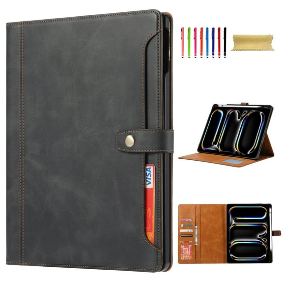 Flip Case for Apple iPad Pro 13 Inch 2024, with Pencil Holder Smart Cover Auto Sleep Wake Protective Cards Slots Documents Pocket Stand Snap Closure Case for iPad Pro 13 Inch M2, Black