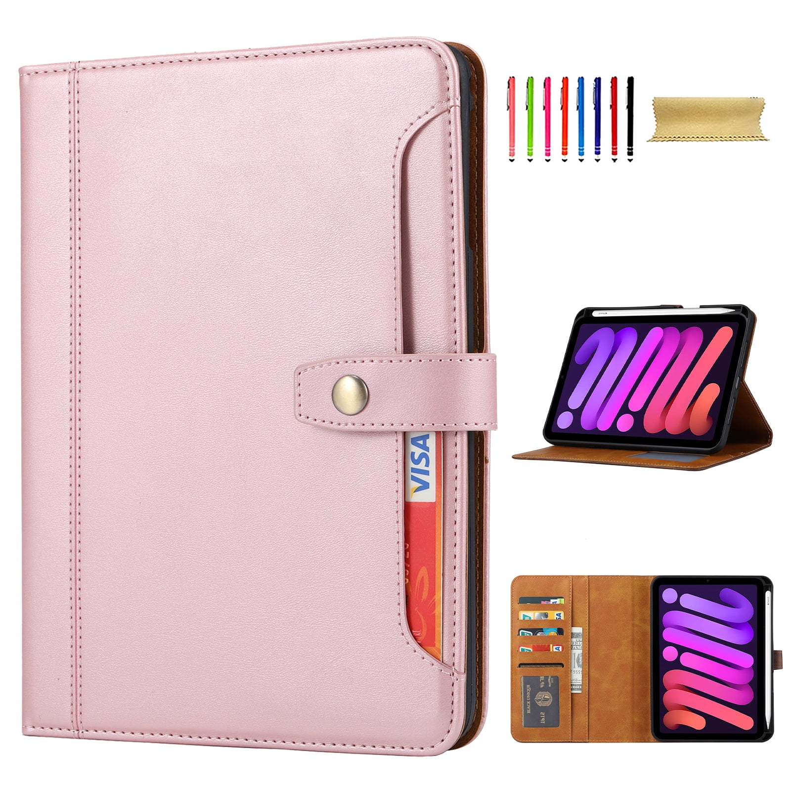 Flip Case for Apple iPad mini 7th Gen (A17 Pro)/ iPad Mini 6th Gen 8.3", with Pencil Holder Smart Cover Auto Sleep Wake Protective Documents Pocket Stand Snap Closure Case for iPad mini 7 6, Rosegold