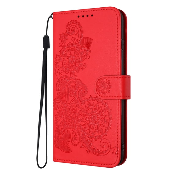 Flip Case Compatible with Apple iPhone 16, Mandala Embossed Premium PU Leather Hand Wrist Cards Holder Folio Stand Luxury Protective Drop Proof Phone Case for iPhone 16,Red