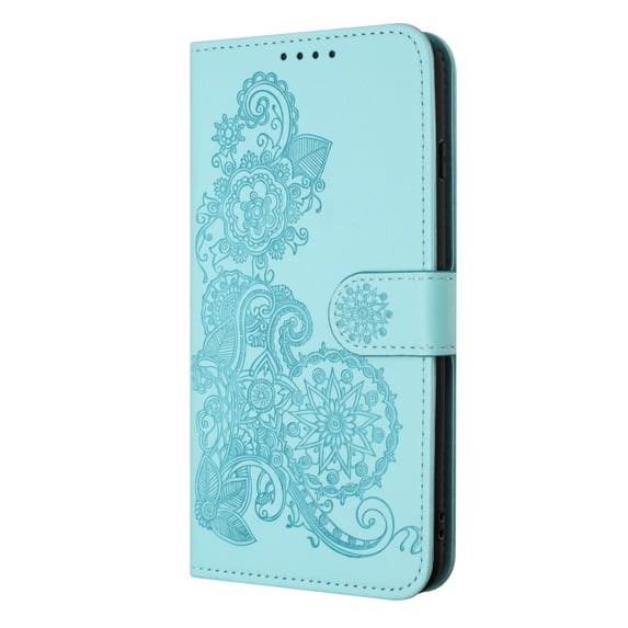 Flip Case Compatible with Apple iPhone 16, Mandala Embossed Premium PU Leather Hand Wrist Cards Holder Folio Stand Luxury Protective Drop Proof Phone Case for iPhone 16,Lightblue