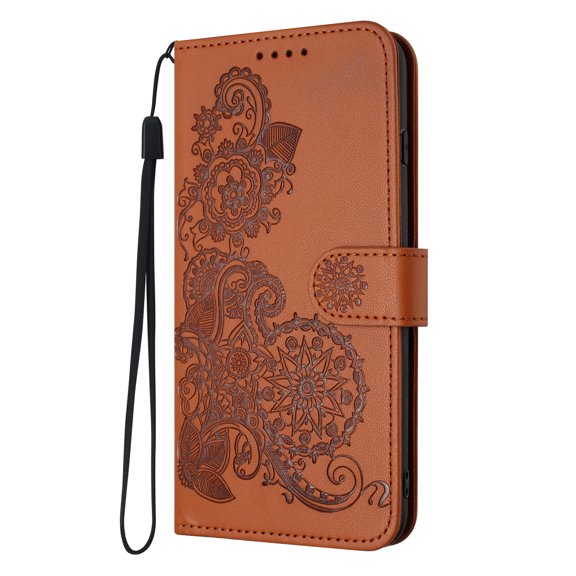 Flip Case Compatible with Google Pixel 6 Pro, Mandala Embossed Premium PU Leather Hand Wrist Cards Holder Folio Stand Luxury Protective Drop Proof Phone Case for Google Pixel 6 Pro,Brown