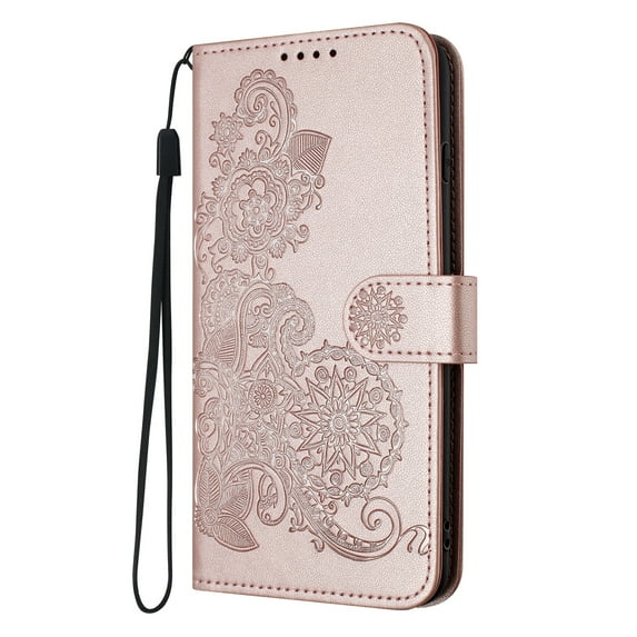 Flip Case Compatible with Samsung Galaxy S24 FE, Mandala Embossed Premium PU Leather Hand Wrist Cards Holder Folio Stand Luxury Protective Drop Proof Phone Case for Samsung Galaxy S24 FE,Rosegold