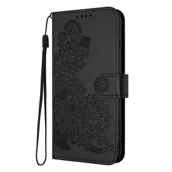 Flip Case Compatible with Samsung Galaxy S24 FE, Mandala Embossed Premium PU Leather Hand Wrist Cards Holder Folio Stand Luxury Protective Drop Proof Phone Case for Samsung Galaxy S24 FE,Black