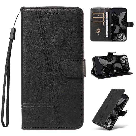 Flip Case Compatible with iPhone 16e || Skin Feel Leather Wallet Phone Case for iPhone 16e || TPU Inner with Viewing Stand & Card Holder || Wrist Strap Folio Cover - Black