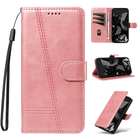 Flip Case Compatible with iPhone 16e || Skin Feel Leather Wallet Phone Case for iPhone 16e || TPU Inner with Viewing Stand & Card Holder || Wrist Strap Folio Cover - Rosegold