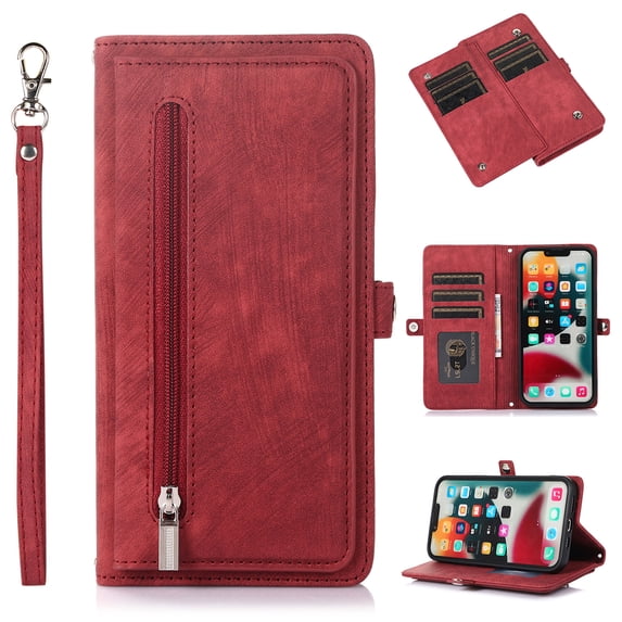 Flip Case Cover for iPhone 15 Plus Case, Multi-Card Zipper Wallet Phone Case Leather Folio Flip Wallet Magnetic Wallet Case Phone Cover Case for iPhone 15 Plus Back Cover, Red