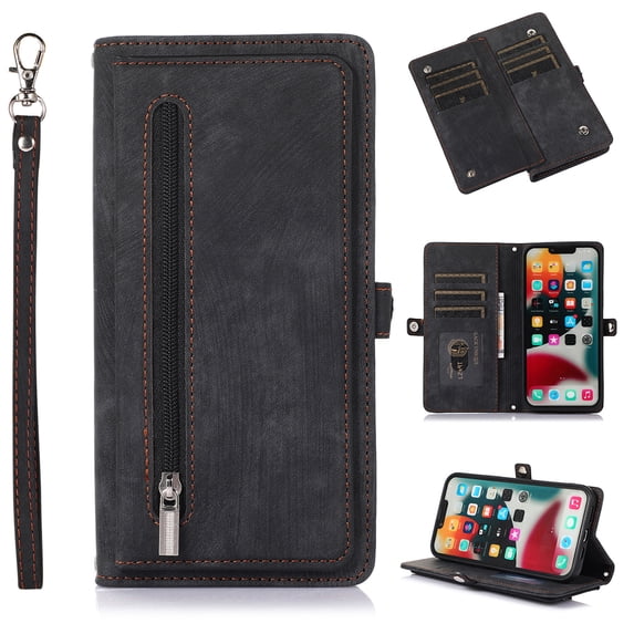 Flip Case Cover for iPhone 15 Plus Case, Multi-Card Zipper Wallet Phone Case Leather Folio Flip Wallet Magnetic Wallet Case Phone Cover Case for iPhone 15 Plus Back Cover, Black