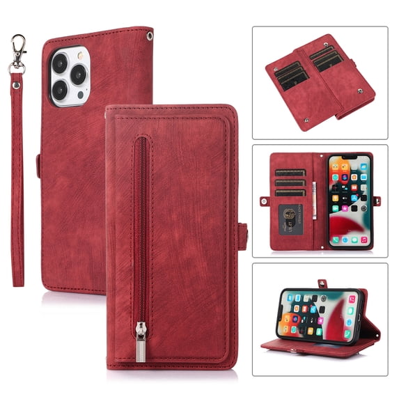 Flip Case Cover for iPhone 16 Pro Case, Multi-Card Zipper Wallet Phone Case Leather Folio Flip Wallet Magnetic Wallet Case Phone Cover Case for iPhone 16 Pro Back Cover, Red