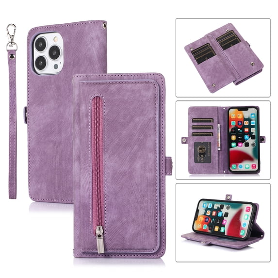 Flip Case Cover for iPhone 16 Pro Max Case, Multi-Card Zipper Wallet Phone Case Leather Folio Flip Wallet Magnetic Wallet Case Phone Cover Case for iPhone 16 Pro Max Back Cover, Purple