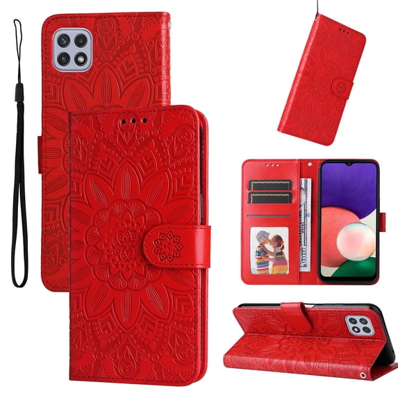 Flip Case for Galaxy A22 5G, Sunflower Embossed Premium PU Leather Card Slots Folio Wallet Case Shockproof Protective Magnetic Cover Compatible with Samsung Galaxy A22 5G 6.6 inch - Red