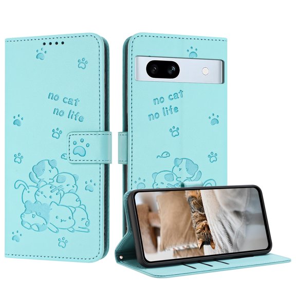 Flip Case for Google Pixel 7a PU Leather Wallet Case with Card Slots Magnetic Clasp Stand Function Cover Lovely Embossed with Wrist Strap Soft Inner Case for Google Pixel 7a - Green