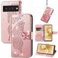 thumbnail image 1 of Flip Case for Google Pixel 8A, Crystal Butterfly PU Leather Wallet Case for Women Magnetic Kickstand Card Holder Case for Google Pixel 8A Bling Butterfly + Strap,Rosegold, 1 of 9