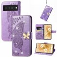 thumbnail image 1 of Flip Case for Google Pixel 9 Pro XL, Crystal Butterfly PU Leather Wallet Case for Women Magnetic Kickstand Card Holder Case for Google Pixel 9 Pro XL Bling Butterfly + Strap,Lightpurple, 1 of 9