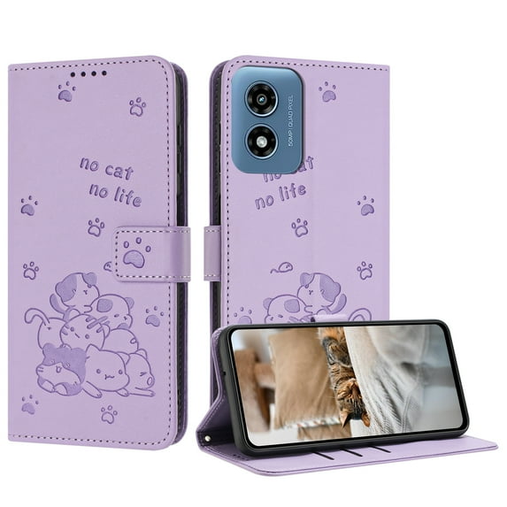 Flip Case for Motorola Moto G Play 4G 2024 PU Leather Wallet Case with Card Slots Magnetic Clasp Stand Function Cover Lovely Embossed with Wrist Strap Soft Inner Case for G Play 4G 2024 - Purple