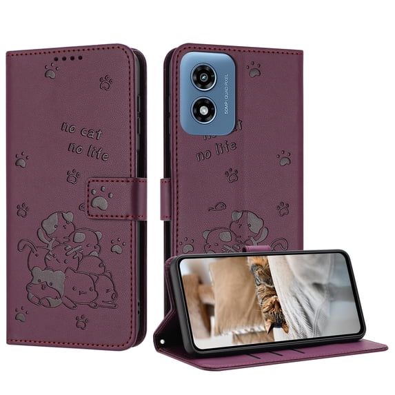 Flip Case for Motorola Moto G Play 4G 2024 PU Leather Wallet Case with Card Slots Magnetic Clasp Stand Function Cover Lovely Embossed with Wrist Strap Soft Inner Case for G Play 4G 2024 - Maroon