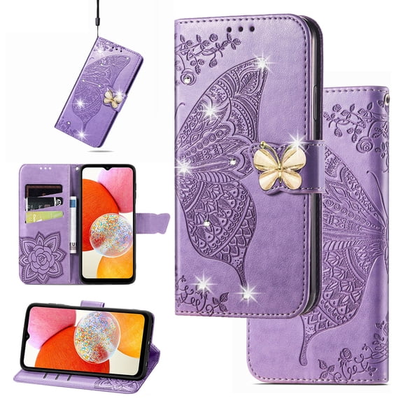 Flip Case for Samsung Galaxy A16 5G, Crystal Butterfly PU Leather Wallet Case for Women Magnetic Kickstand Card Holder Case for Samsung Galaxy A16 5G Bling Butterfly + Strap,Lightpurple