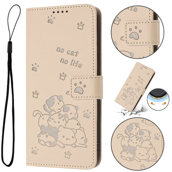 Flip Case for Samsung Galaxy A16 5G PU Leather Wallet Case with RFID Blocking Card Slot & Cash Pocket Magnetic Clasp Stand Function Cover Cat Patterned with Wrist Strap Phone Case,Beige