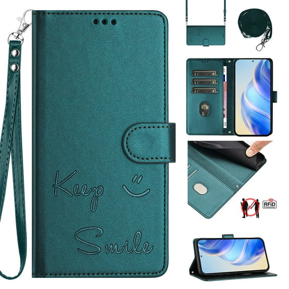 Flip Case for Samsung Galaxy A26 5G, Embossed PU Leather Full body Protection Wallet Case, Card Slots Kickstand, Wrist Strap + Shoulder Strap, RFID Blocking Magnetic Closure Phone Cover, Darkgreen