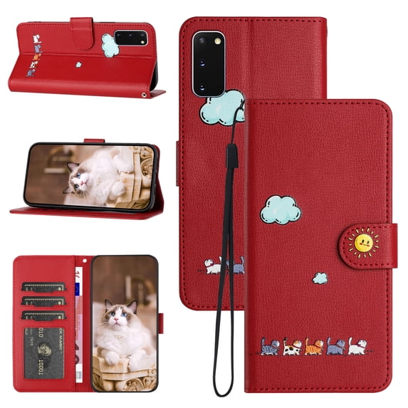 Flip Case for Samsung Galaxy S20, PU Leather Wallet Case with Card Slots Magnetic Clasp Stand Function Cover Lovely Animal Pattern Lanyard Drop Protective for Samsung Galaxy S20 - Red