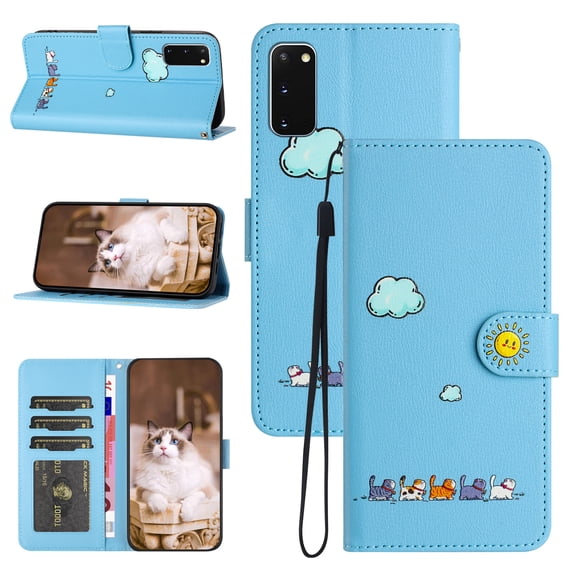 Flip Case for Samsung Galaxy S20, PU Leather Wallet Case with Card Slots Magnetic Clasp Stand Function Cover Lovely Animal Pattern Lanyard Drop Protective for Samsung Galaxy S20 - Blue
