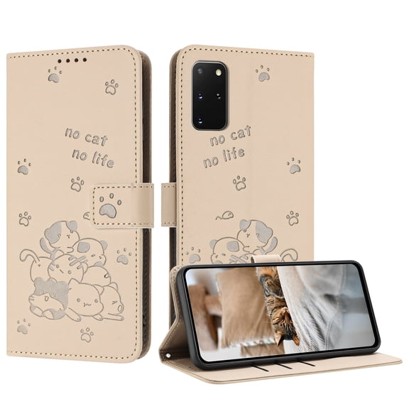 Flip Case for Samsung Galaxy S20 Plus PU Leather Wallet Case with Card Slots Magnetic Clasp Stand Function Cover Lovely Embossed with Wrist Strap Soft Inner Case for Galaxy S20 Plus - Beige