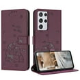 thumbnail image 1 of Flip Case for Samsung Galaxy S21 Ultra PU Leather Wallet Case with Card Slots Magnetic Clasp Stand Function Cover Lovely Embossed with Wrist Strap Soft Inner Case for Galaxy S21 Ultra - Maroon, 1 of 8