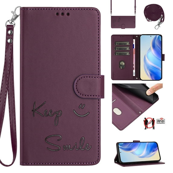 Flip Case for Samsung Galaxy S22 Plus, Embossed PU Leather Full body Protection Wallet Case, Card Slots Kickstand, Wrist Strap + Shoulder Strap, RFID Blocking Magnetic Closure Phone Cover, Darkpurple