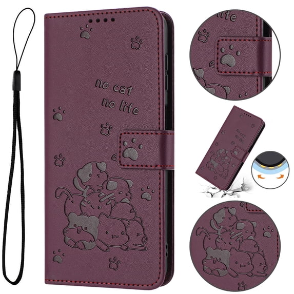 Flip Case for Samsung Galaxy S23 PU Leather Wallet Case with RFID Blocking Card Slot & Cash Pocket Magnetic Clasp Stand Function Cover Cat Patterned with Wrist Strap Phone Case,Maroon