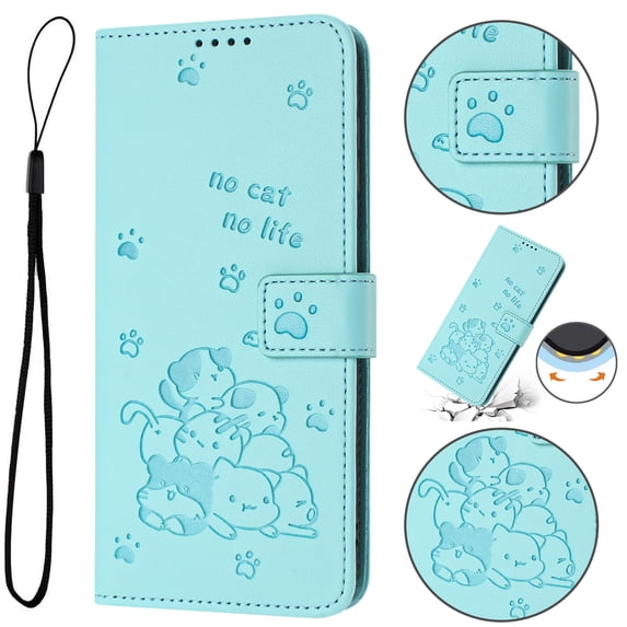 Flip Case for Samsung Galaxy S23 PU Leather Wallet Case with RFID Blocking Card Slot & Cash Pocket Magnetic Clasp Stand Function Cover Cat Patterned with Wrist Strap Phone Case,Green