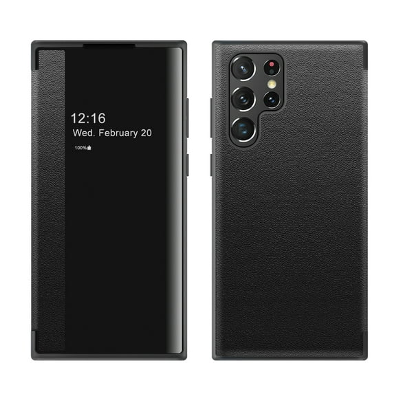 Flip Case for Samsung Galaxy S23 Ultra, Clear View Window Lychee Pattern PU Leather Folio Cover with Magnetic Closure Shockproof Full Protection Case for Samsung Galaxy S23 Ultra, Black