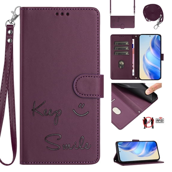 Flip Case for Samsung Galaxy S24, Embossed PU Leather Full body Protection Wallet Case, Card Slots Kickstand, Wrist Strap + Shoulder Strap, RFID Blocking Magnetic Closure Phone Cover, Darkpurple