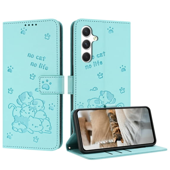 Flip Case for Samsung Galaxy S24 PU Leather Wallet Case with Card Slots Magnetic Clasp Stand Function Cover Lovely Embossed with Wrist Strap Soft Inner Case for Galaxy S24 - Green