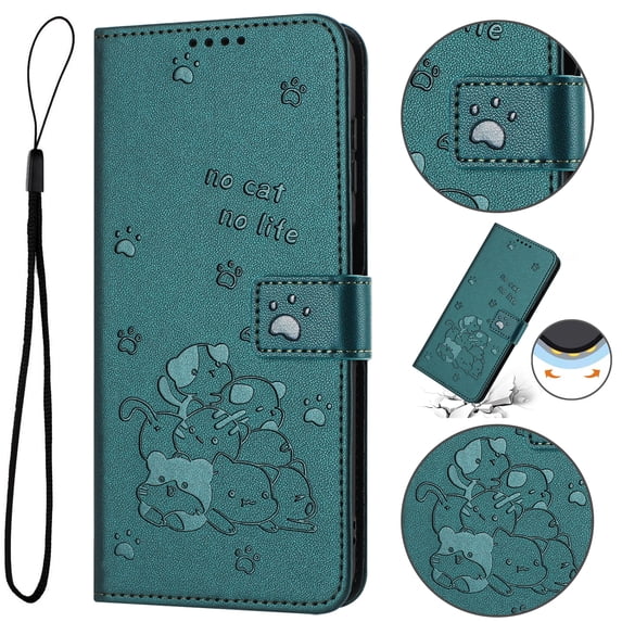 Flip Case for Samsung Galaxy S24 PU Leather Wallet Case with RFID Blocking Card Slot & Cash Pocket Magnetic Clasp Stand Function Cover Cat Patterned with Wrist Strap Phone Case,Darkgreen
