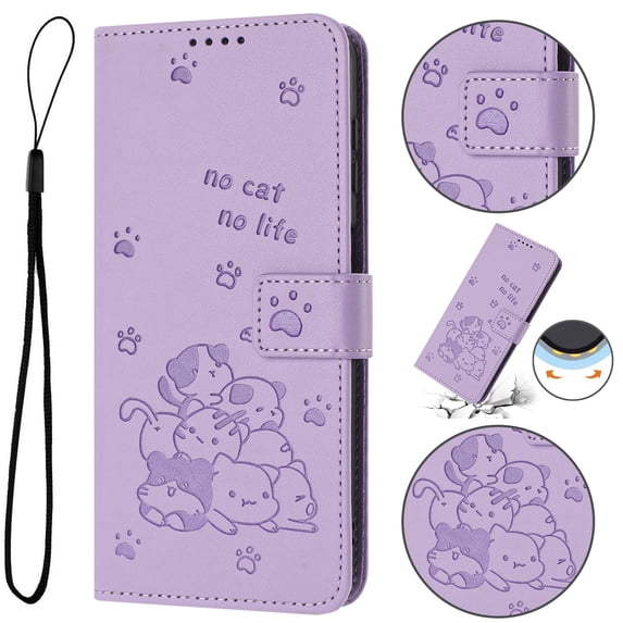Flip Case for Samsung Galaxy S24 PU Leather Wallet Case with RFID Blocking Card Slot & Cash Pocket Magnetic Clasp Stand Function Cover Cat Patterned with Wrist Strap Phone Case,Purple