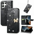 thumbnail image 1 of Flip Case for Samsung Galaxy S24 Ultra, Crystal Butterfly PU Leather Wallet Case for Women Magnetic Kickstand Card Holder Case for Samsung Galaxy S24 Ultra Bling Butterfly + Strap,Black, 1 of 10