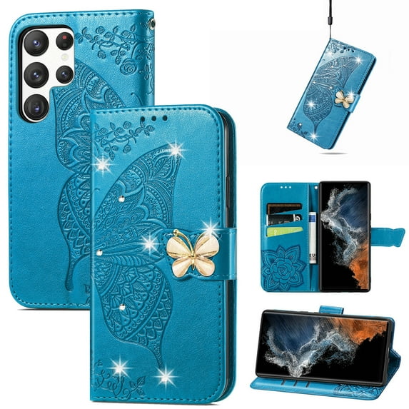 Flip Case for Samsung Galaxy S24 Ultra, Crystal Butterfly PU Leather Wallet Case for Women Magnetic Kickstand Card Holder Case for Samsung Galaxy S24 Ultra Bling Butterfly + Strap,Blue