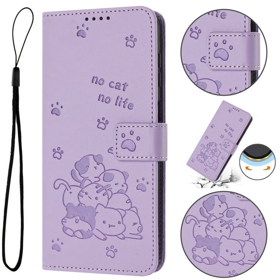 Flip Case for Samsung Galaxy S25 Ultra PU Leather Wallet Case with RFID Blocking Card Slot & Cash Pocket Magnetic Clasp Stand Function Cover Cat Patterned with Wrist Strap Phone Case,Purple