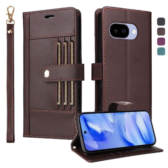 Flip Case for Google Pixel 9a Shockproof Functional Wallet Wrist Strap Magnetic Closure Rfid Blocking