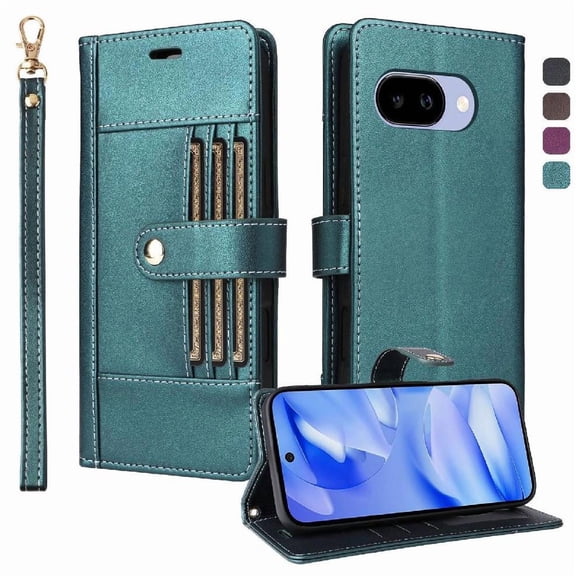 Flip Case for Google Pixel 9a Shockproof Functional Wallet Wrist Strap Magnetic Closure Rfid Blocking