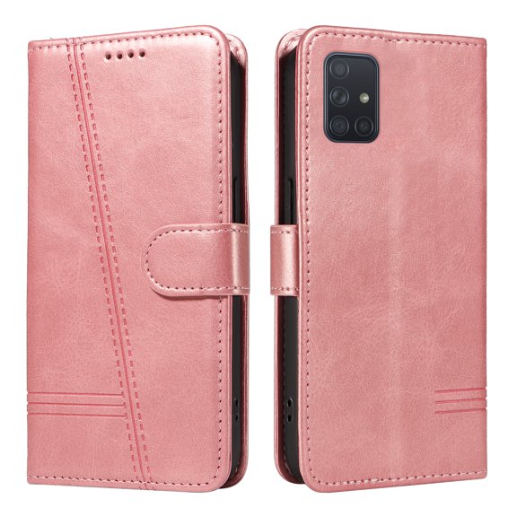 Flip Case for Samsung Galaxy A51 4G, 360 Degree Protection Shockproof PU Leather Wallet Phone Cover, Kickstand and 3 Card Slots, Rose Gold