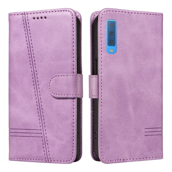 Flip Case for Samsung Galaxy A7 2018, 360 Degree Protection Shockproof PU Leather Wallet Phone Cover, Kickstand and 3 Card Slots, Purple