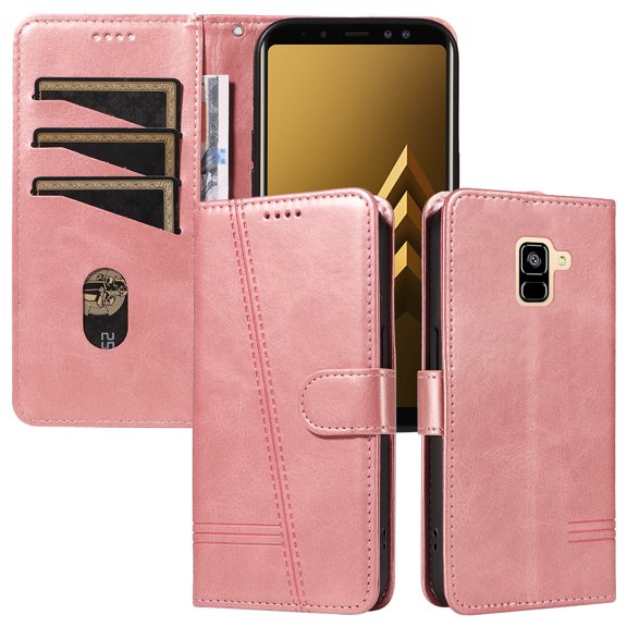 Flip Case for Samsung Galaxy A8 2018, 360 Degree Protection Shockproof PU Leather Wallet Phone Cover, Kickstand and 3 Card Slots, Rose Gold