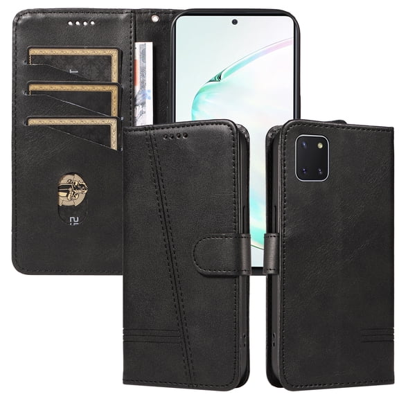 Flip Case for Samsung Galaxy Note 10 Lite Dual SIM, 360 Degree Protection Shockproof PU Leather Wallet Phone Cover, Kickstand and 3 Card Slots, Black