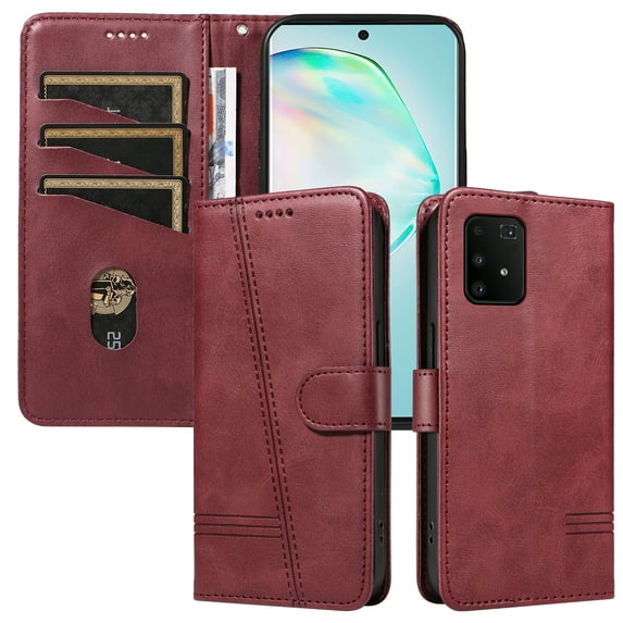 Flip Case for Samsung Galaxy S10 Lite Dual SIM, 360 Degree Protection Shockproof PU Leather Wallet Phone Cover, Kickstand and 3 Card Slots, Red